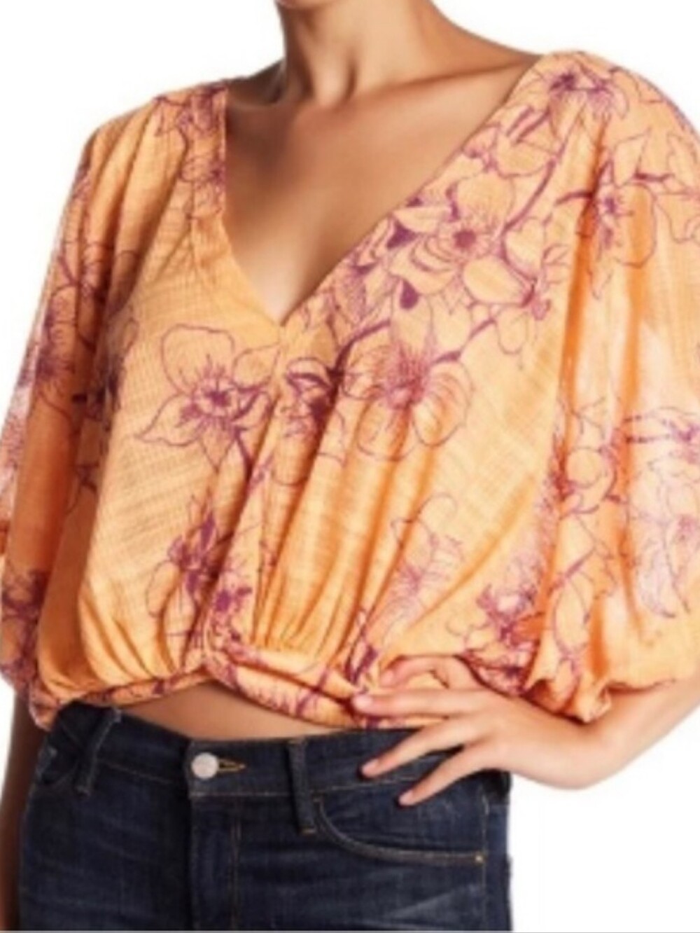 Free People One Dance Purple And Coral Floral Butterfly Sleeve Boho Top Sz S/P